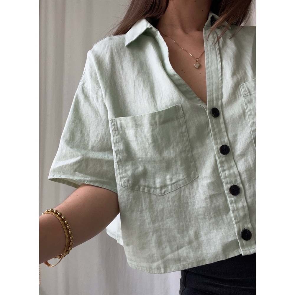 TOP cropped button up top — In Sage - Picture 3 of 10